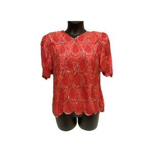 Stunning Coral Teardrop 100% Silk Sequins Beaded Top by Creative Touch Sz Large